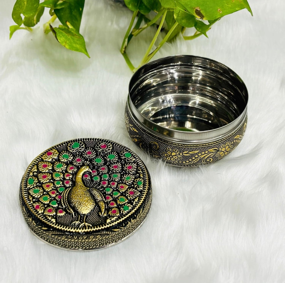 Peacock Emboss Brown Oxidised Stainless Steel Box - Premium Return Gift for Weddings, Baby Shower & Festive Occasions