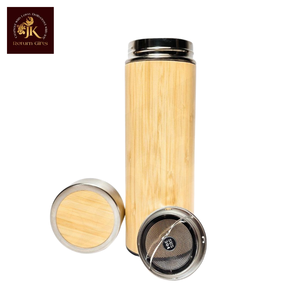 Stainless Steel Bamboo Water Bottle with Strainer | Hot & Cold Vacuum Flask (450 ML)