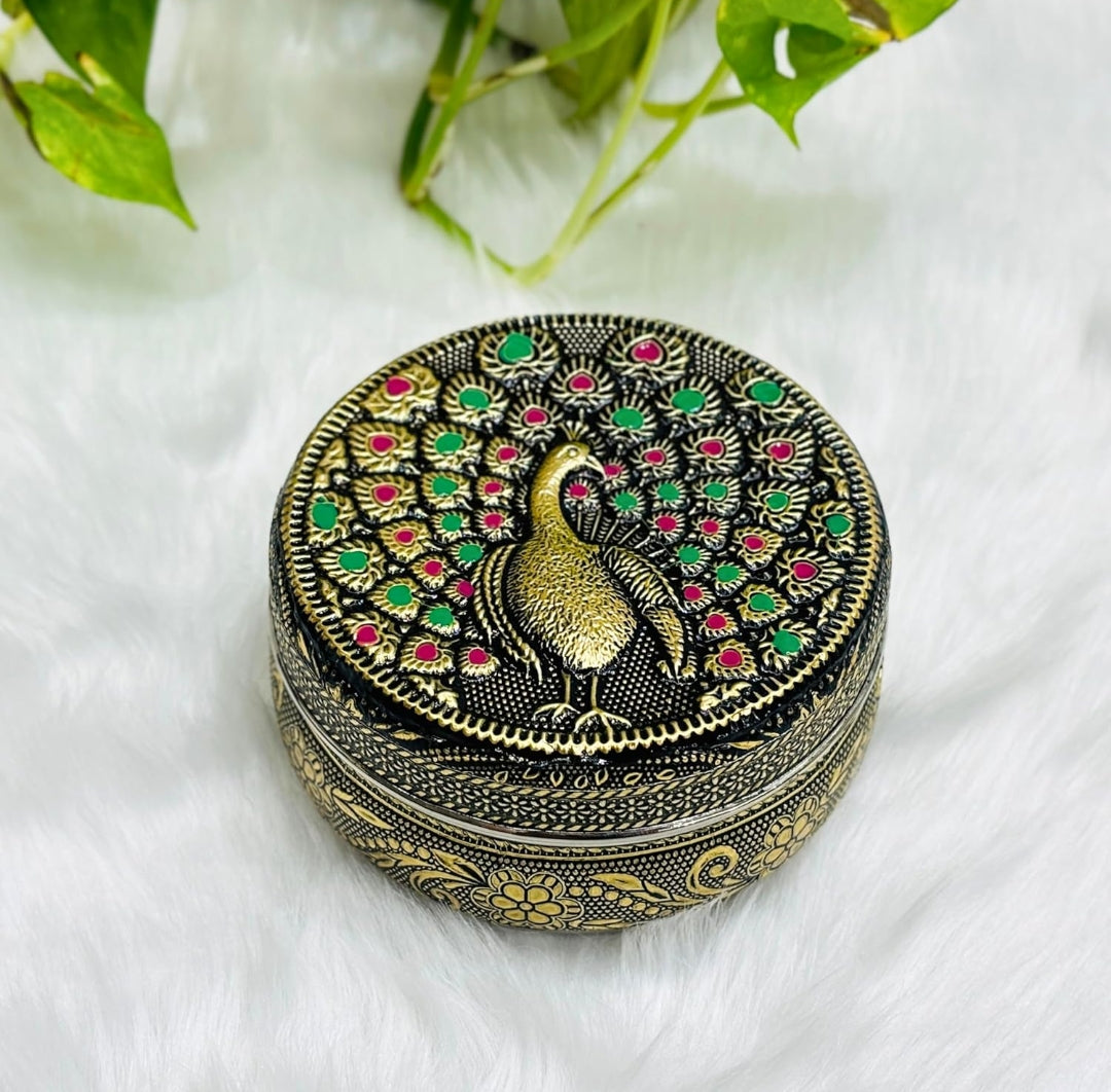 Peacock Emboss Brown Oxidised Stainless Steel Box - Premium Return Gift for Weddings, Baby Shower & Festive Occasions