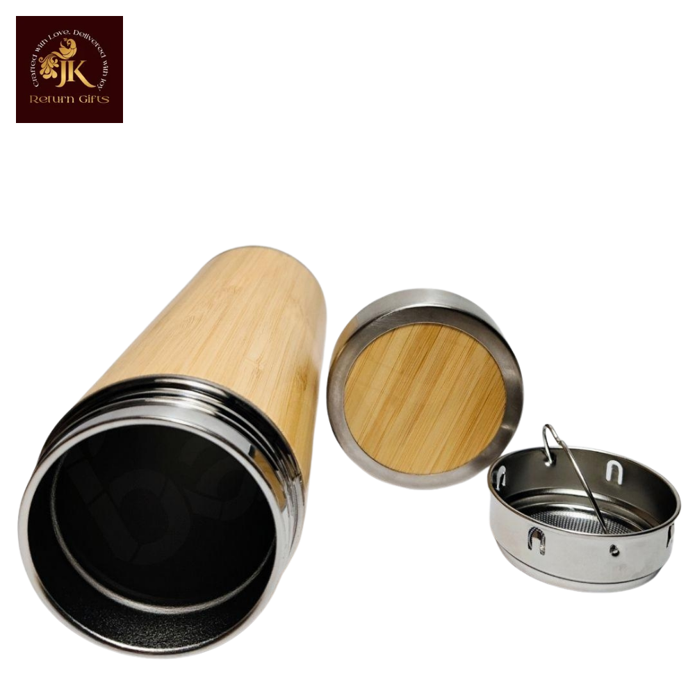 Stainless Steel Bamboo Water Bottle with Strainer | Hot & Cold Vacuum Flask (450 ML)