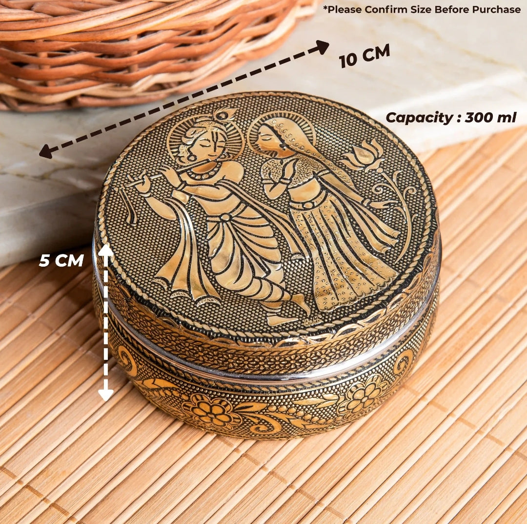 Radha Krishna Oxidised Meenakari Stainless Steel Box - Traditional Return Gift for Weddings & Festive Occasions