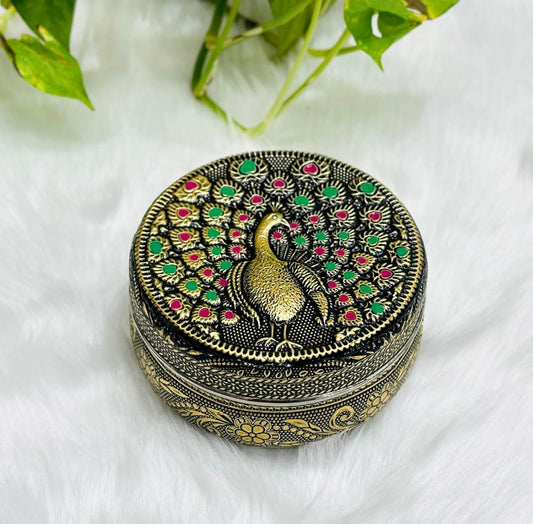 Peacock Emboss Brown Oxidised Stainless Steel Box - Premium Return Gift for Weddings, Baby Shower & Festive Occasions