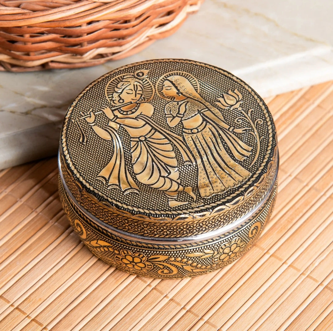 Radha Krishna Oxidised Meenakari Stainless Steel Box - Traditional Return Gift for Weddings & Festive Occasions